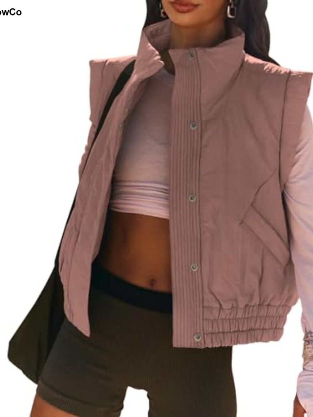Lightweight Quilted Puffer Vest Crop Button Down Cotton Polyester